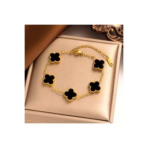 Yonca Bileklik Gold Siyah | 316l Çelik - Kararmaz | Hediye Kadın