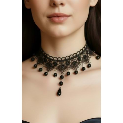 Zet Style Nocturne Koleksiyonu “Nocturne Velaria – Gecenin Örtüsü” Dantel Choker Gotik Kolye