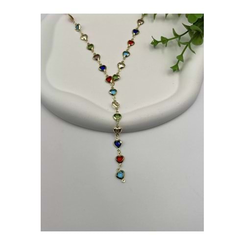Renkli Kristal Taşlı Y Kolye 60cm (kalp)