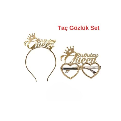 Gold Brithday Queen Tac Gözlük Seti Brithday Queen Parti Aksesuar Taç Gözlük