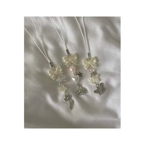 White Pearl Ribbon Y2k Fairycore Telefon Charmı (FİYONKLU OLAN)