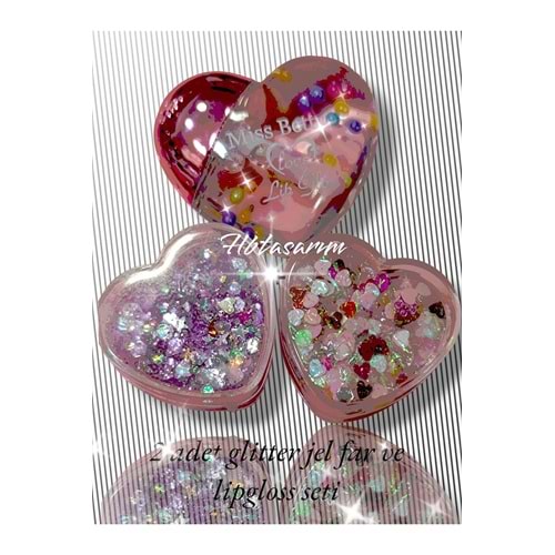 Metalik Simli Jel Glitter Ve Kalpli Lipgloss Seti