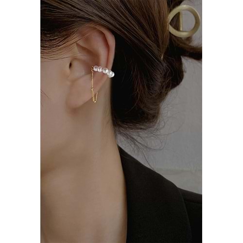 Gold Renk İncili Sallantılı Earcuff Kıkırdak Küpe
