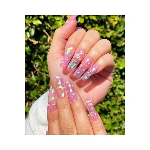 Simli şefaf pembe kalpli glitter oje