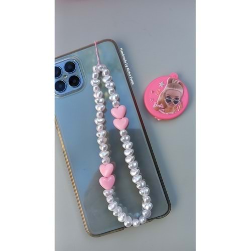 Pembe Kalp ve İncili telefon Charmı Telefon Askısı