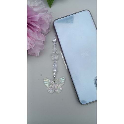 Kelebek Figürlü Kristal Boncuk Detaylı Telefon Charmı Telefon Süsü