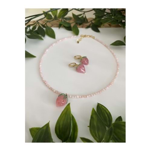 Kadın Pembe Murano Çilekli Sedef Boncuk Kolye Küpe Set