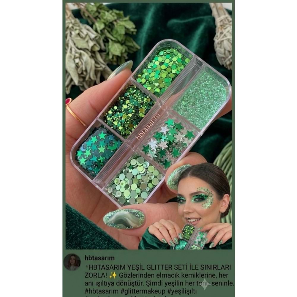 Yeşil jel glitter far yüz saç ve vücut simi