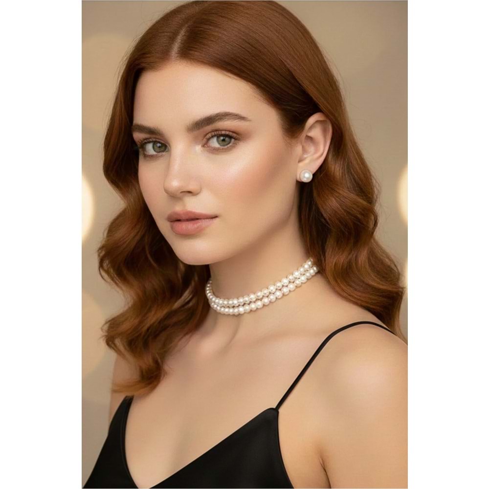 İnci Choker Kolye Küpe Takım, Tasma Kolye, Şık Tasarım Kolye, Cam İnci İki Sıra Sarmalı Kolye, İnci Küpe