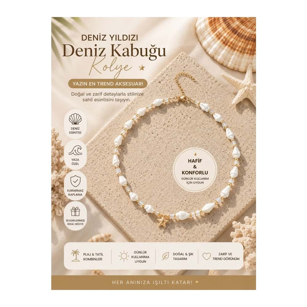 Deniz Kabuğu Deniz Yıldızı Kolye Gold Renk Choker | Bohem Yazlık Kadın Kolyesi | Plaj ve Tatil Aksesuarı