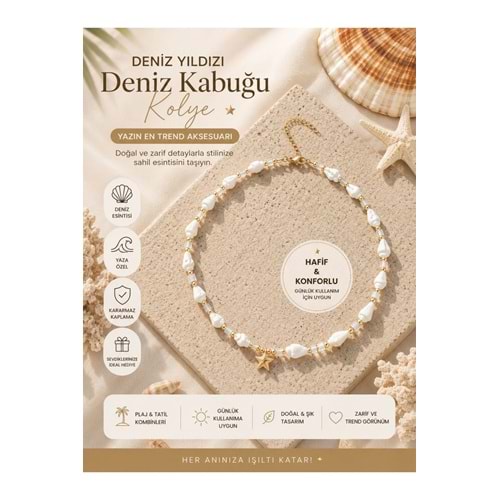 Deniz Kabuğu Deniz Yıldızı Kolye Gold Renk Choker | Bohem Yazlık Kadın Kolyesi | Plaj ve Tatil Aksesuarı