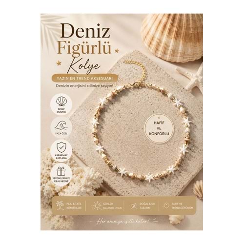 Deniz Yıldızı Deniz Kabuğu Kolye Gold Renk Choker | Bohem Yazlık Kadın Kolyesi | Plaj ve Tatil Aksesuarı