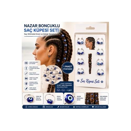 Nazar Boncuklu Saç Küpesi Seti 9 Çift Saç Halkası Afrika Örgüsü Dreadlock Saç Aksesuarı