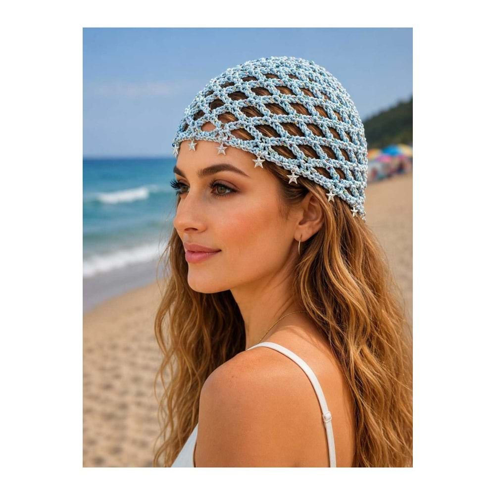 Trend Plaj Örme Saç Aksesuarı File Bandana Mavi