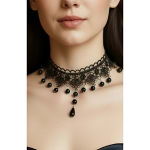 Zet Style Nocturne Koleksiyonu “Nocturne Velaria – Gecenin Örtüsü” Dantel Choker Gotik Kolye