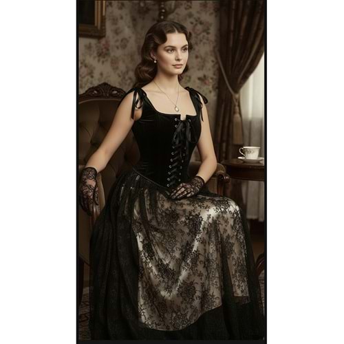 Siyah kadife büstiyer fransız esintili tasarım Lolita korse5