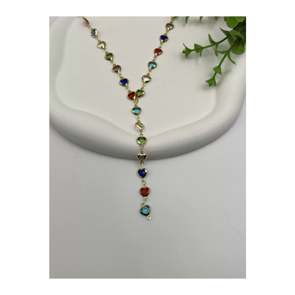 Renkli Kristal Taşlı Y Kolye 60cm (kalp)