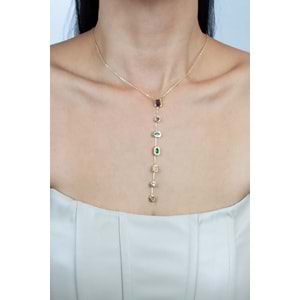 Zirkon ve Kristal Taş Uçlu Gold İnce Zincir Çelik Kolye