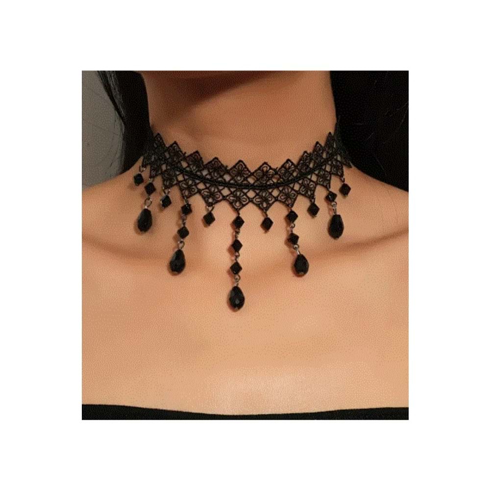 Vintage Siyah Dantel Gotik Kolye - Dantel Choker Kolye Ayarlanabilir Zincir,