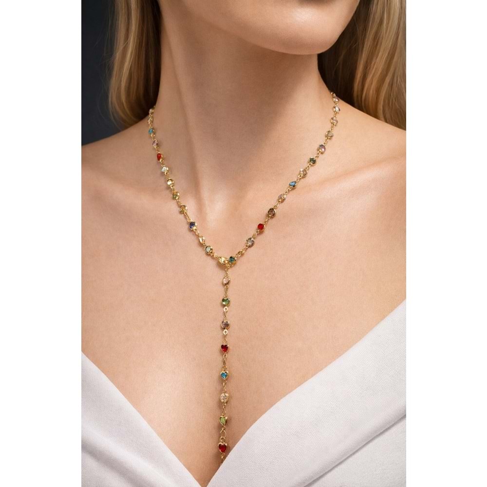 RENKLİ KALPLİ Y MODEL YENİ SEZON KOLYE