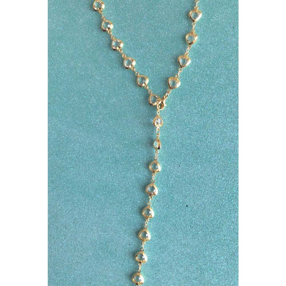 Volenta Shop Gold Renk Beyaz Taşlı Kalpli Y Kolye Dekolte Kolye 60 cm
