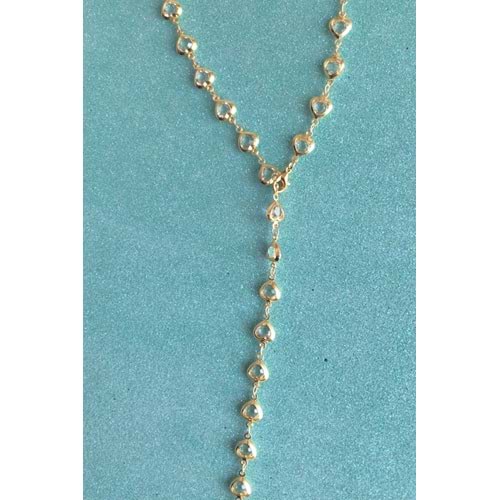 Volenta Shop Gold Renk Beyaz Taşlı Kalpli Y Kolye Dekolte Kolye 60 cm