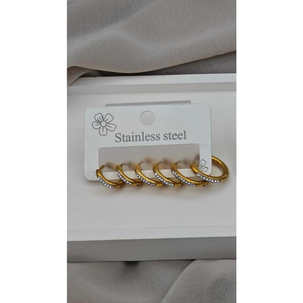 Gold Çoklu Çelik Taşlı Halka Küpe