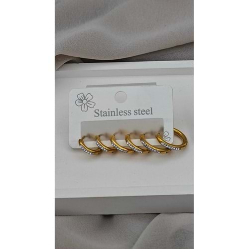 Gold Çoklu Çelik Taşlı Halka Küpe