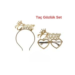 Gold Brithday Queen Tac Gözlük Seti Brithday Queen Parti Aksesuar Taç Gözlük