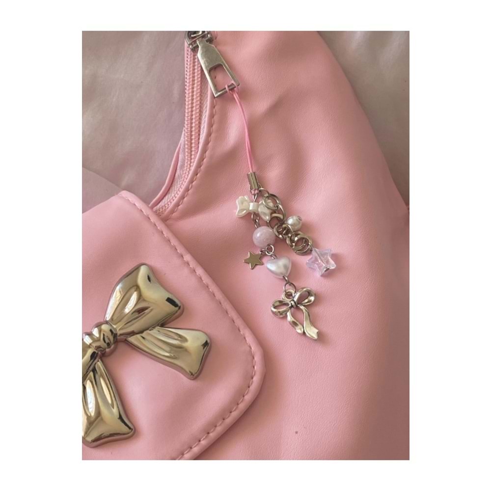 Cute Ribbon Pembe Fiyonklu Çanta Charmı Telefon Charmı Telefon İpi