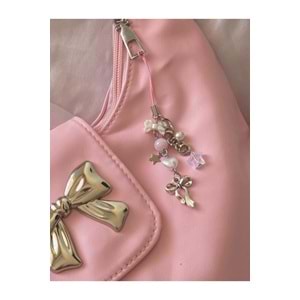 Cute Ribbon Pembe Fiyonklu Çanta Charmı Telefon Charmı Telefon İpi