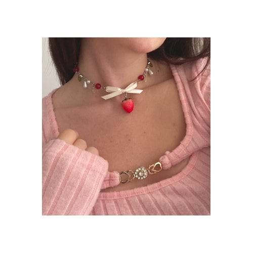 Saten Fiyonklu Strawberry Çilek y2k Fairycore Coquette Tasarım Kolye