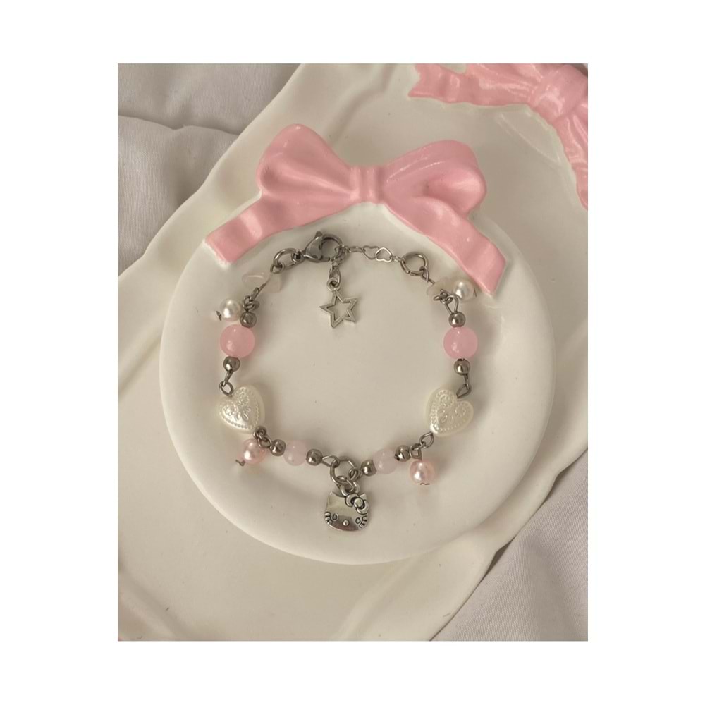 Vintage Kalp Boncuklu Hello Kitty Charmlı y2k Fairycore Coquette Bileklik