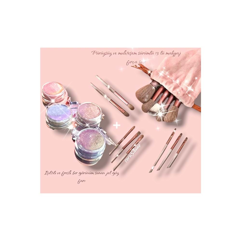 Fırça seti+ışıltılı krem far 4lü set