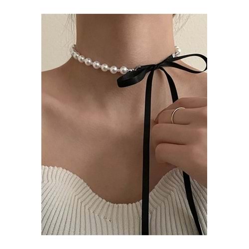 inci siyah kurdeleli şık tasarım choker kolye