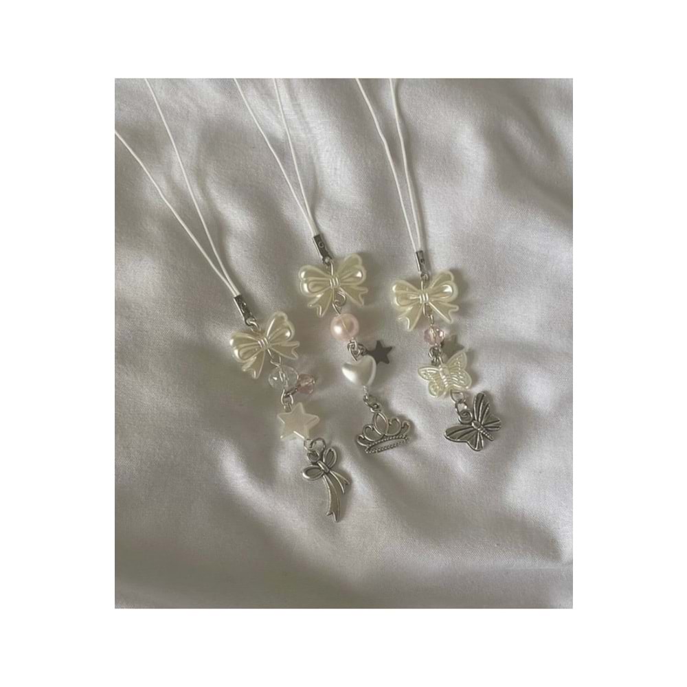 White Pearl Ribbon Y2k Fairycore Telefon Charmı (FİYONKLU OLAN)