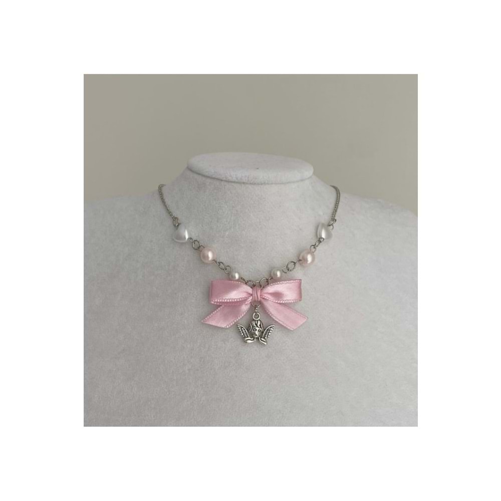 Angel & Pink Ribbon Fairycore Coquette Tasarım Kolye