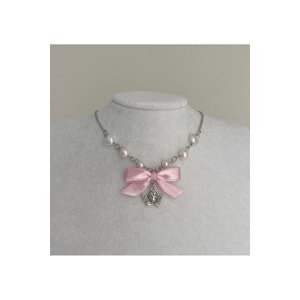 Angel & Pink Ribbon Fairycore Coquette Tasarım Kolye