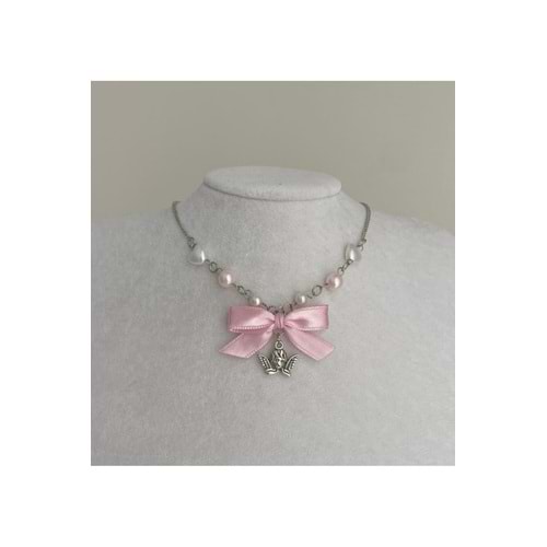 Angel & Pink Ribbon Fairycore Coquette Tasarım Kolye
