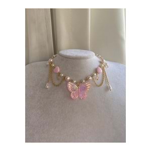 Pink & Gold Butterfly y2k Fairycore Coquette Tasarım Kolye