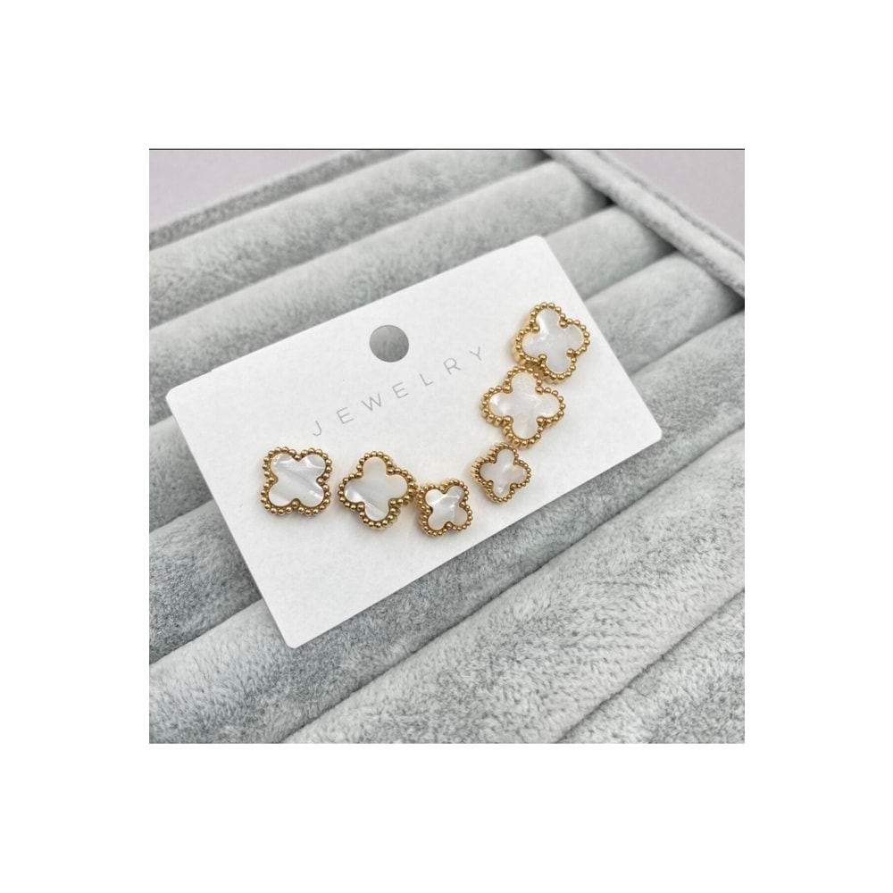 illys Gold Cleef Model Çelik Beyaz 3lü Yonca Küpe Seti