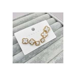 illys Gold Cleef Model Çelik Beyaz 3lü Yonca Küpe Seti