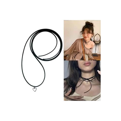 Minimal Kalp Bağlamalı İp Choker Kolye