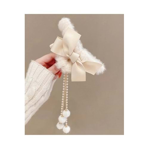 Peluş Mandal Toka Fiyonklu Ucu Ponponlu,Boncuklu Ve Zincir Sallantılı Toka 11,5X5CM,Sallantısı 13CM