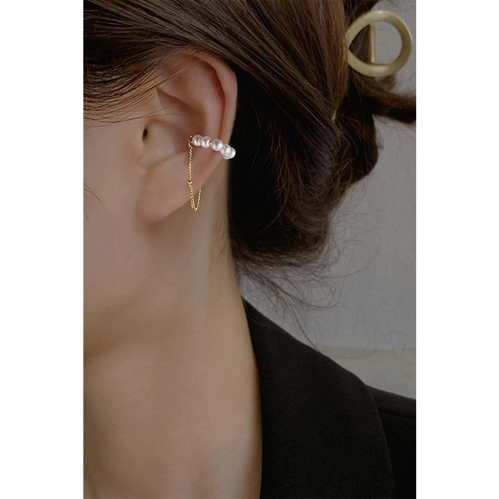 Gold Renk İncili Sallantılı Earcuff Kıkırdak Küpe