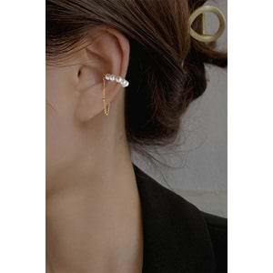 Gold Renk İncili Sallantılı Earcuff Kıkırdak Küpe