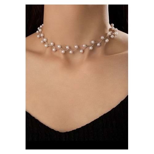 Kadın Beyaz İnci Choker Tasarım Kolye