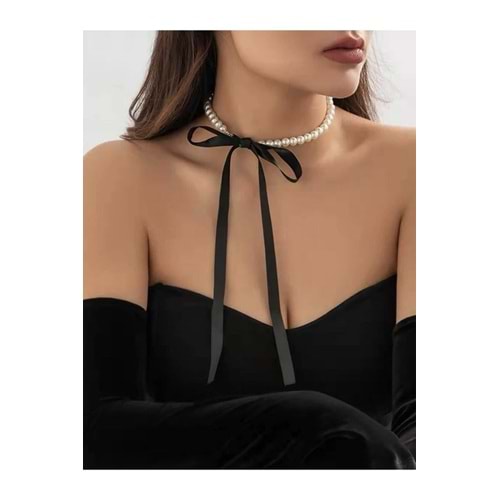 Cam İnci Siyah Kurdeleli Choker