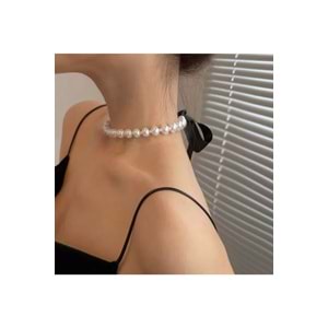 Büyük Incili Siyah Saten Kurdele Bağlamalı Choker Kolye