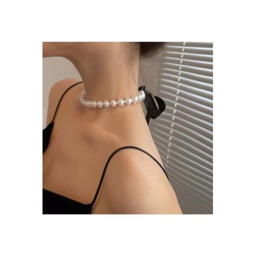 Büyük Incili Siyah Saten Kurdele Bağlamalı Choker Kolye